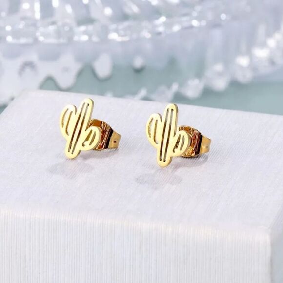 Gold Cactus Stud Earrings - Picture 1 of 5